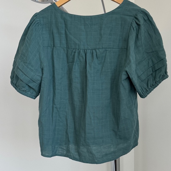 Madewell Teal Green Button-Front V-Neck Puff Sleeve Blouse - Picture 4 of 4
